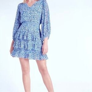 NWT Express Blue Leopard Print Tiered Ruffle Dress, Size Medium